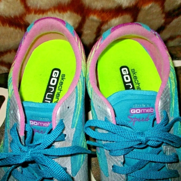 SKECHERS Neon Pink Yellow Blue GoWeb Go Run M Strike Resalyte Running Shoes 9.5 - Picture 3 of 7